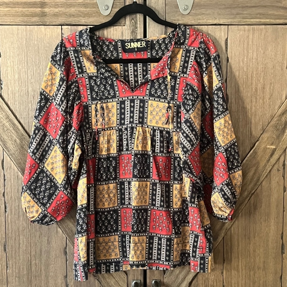 SUNNER Boho Patchwork Cotton Top Gold/Red/Black 3/4 Length Sleeve Size Small
